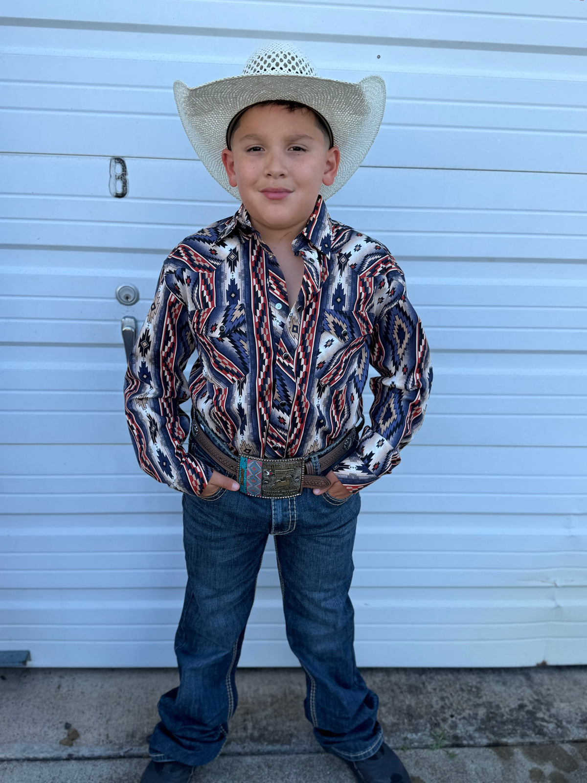 Rock & Roll Boy's Southwestern Print Burgundy Snap Shirt BBN2S05462 🤠