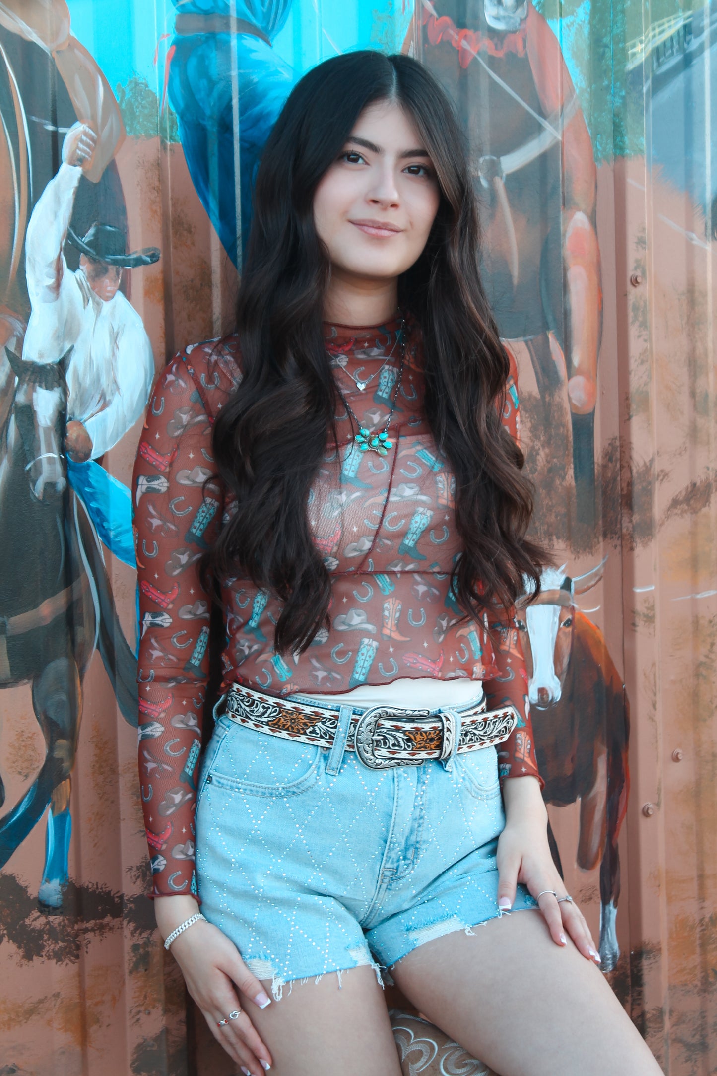 Rock&Roll Women's Boot Print Mesh Top