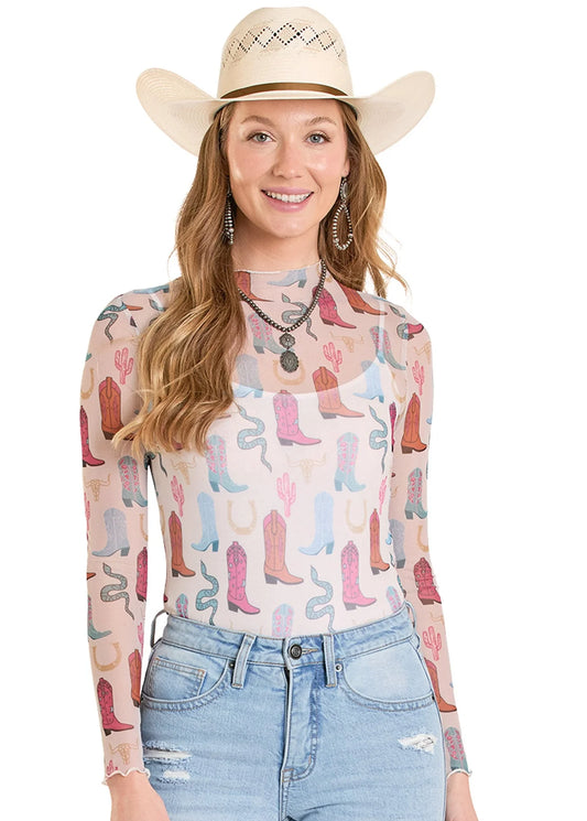 BW22T08126 Rock & Roll Women's Boot Print Sheer Long Sleeve Top - Natural