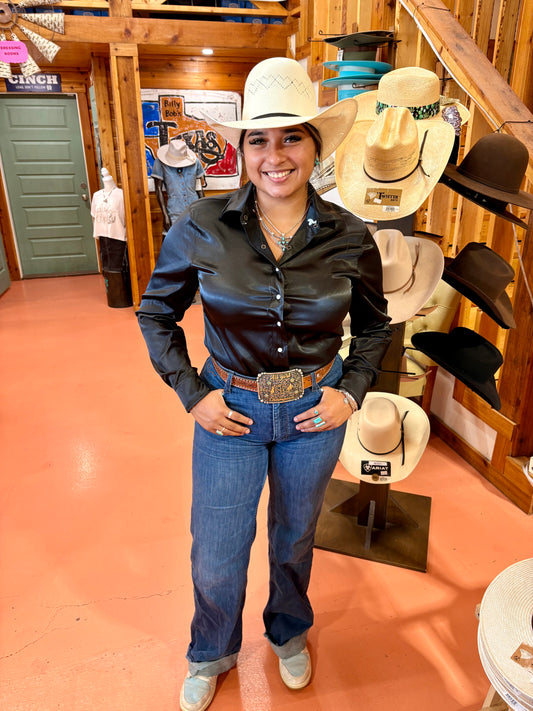 Cruel Girl Women's Long Sleeve Satin Western Snap Shirt - Black 🤠