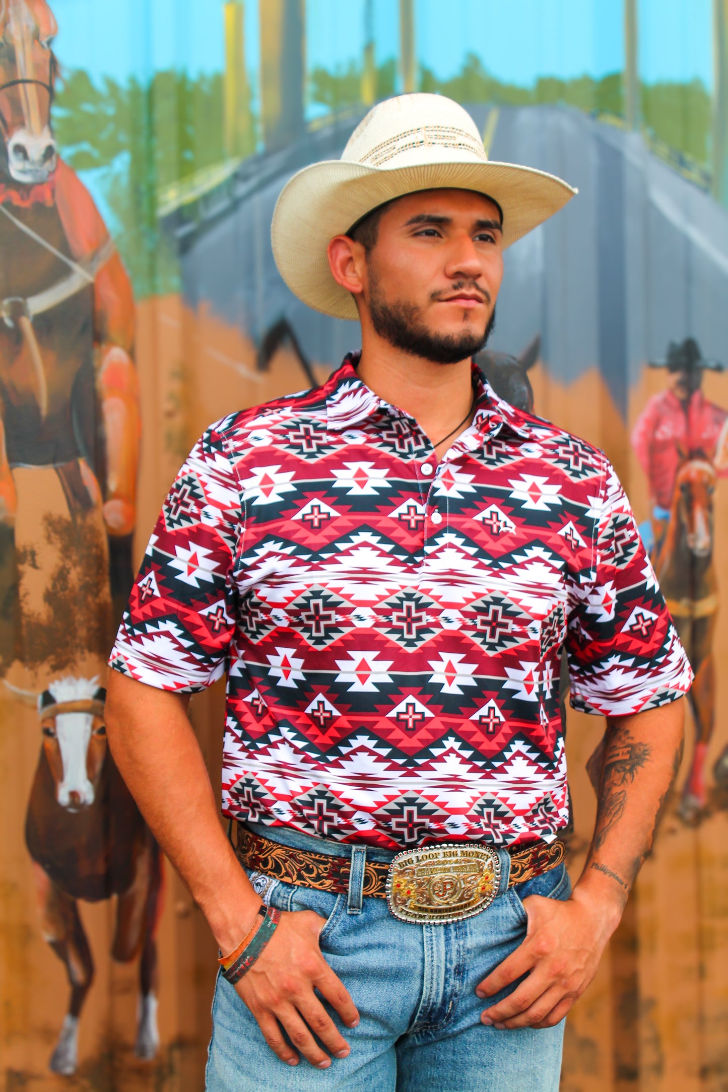 Cinch Arena Flex Polo- Red Multi Aztec