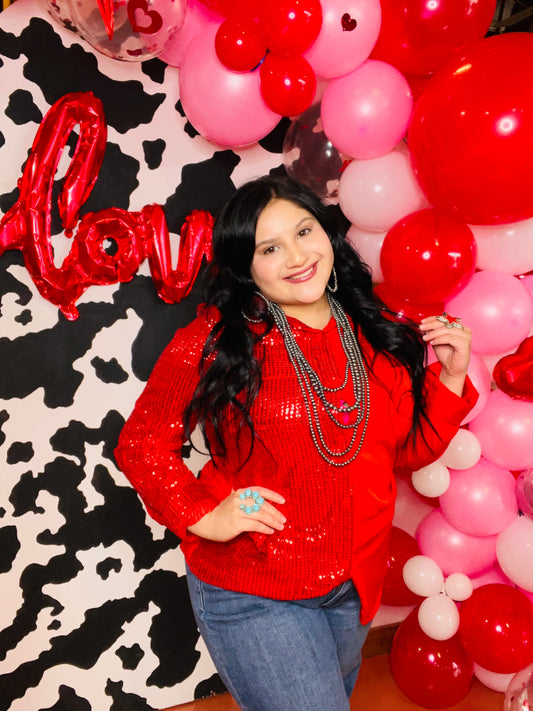 Sequin Red Button-Up