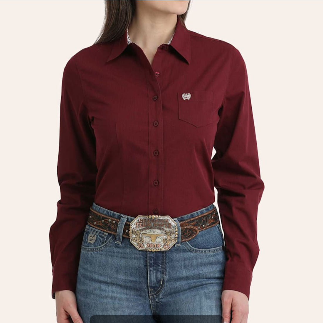 CINCH WOMEN'S BURGUNDY STRIPE PRINT LONG SLEEVE SHIRT