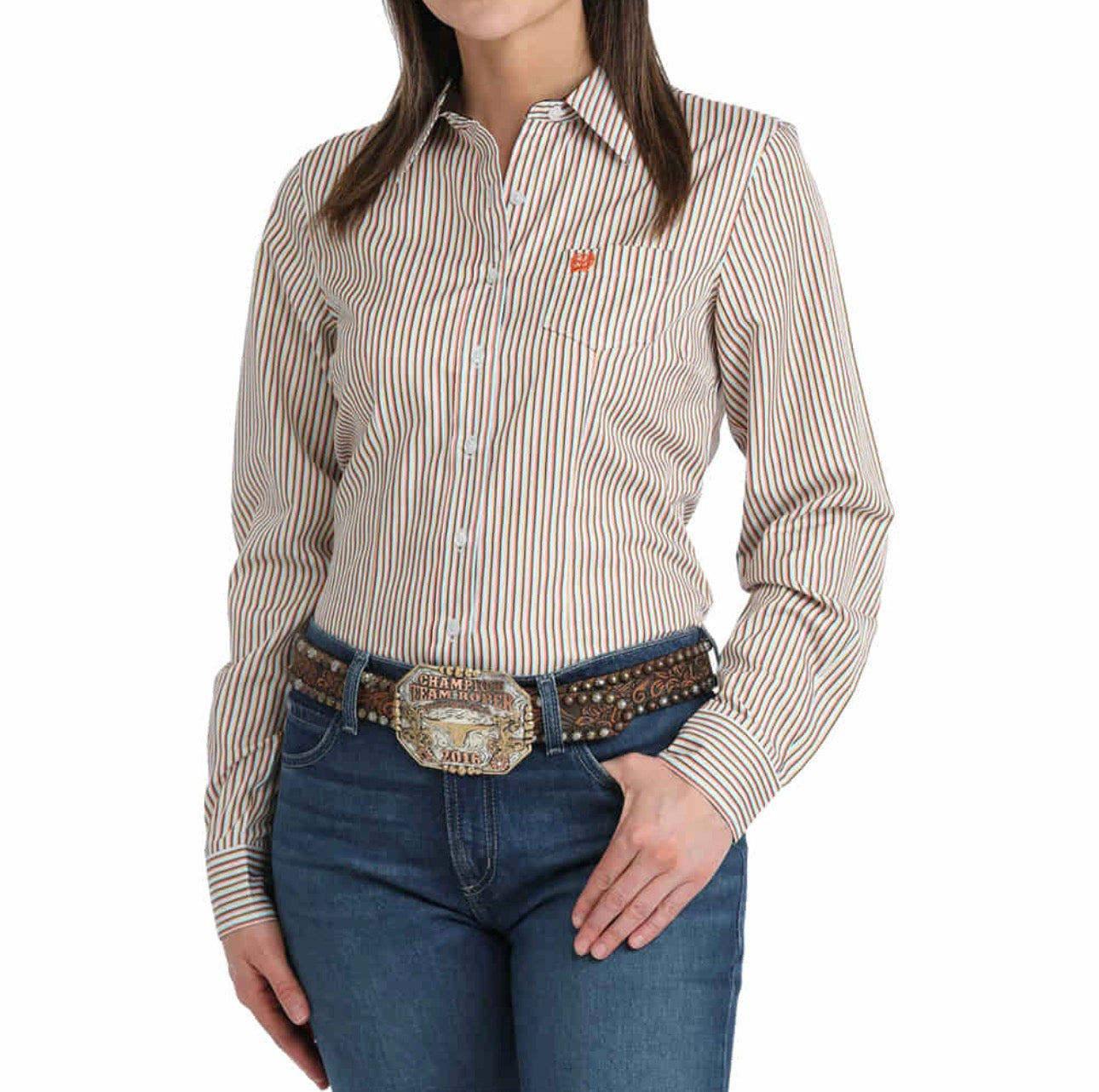 Cinch Women's Striped Long Sleeve Button-Down Tencel Shirt