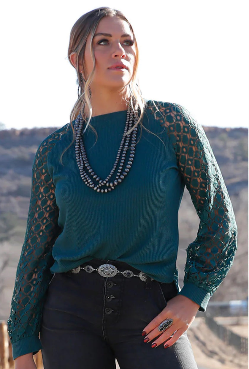 Cruel Girl Women's Knit Top with Crocheted Sleeves - Forest