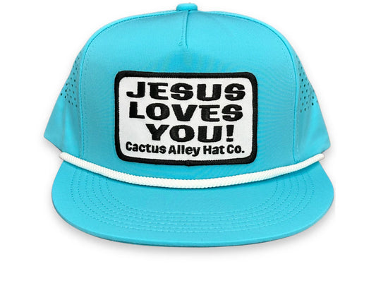 Cactus Alley "Jesus Loves You" - CA Turquoise Laser Holes/ White Rope, Snapback 🧢