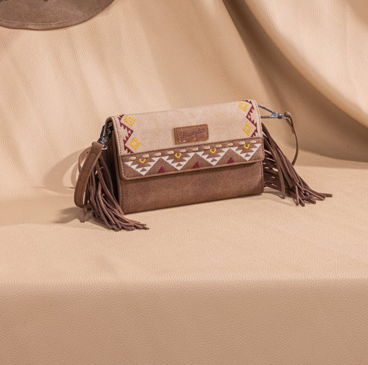 WG233-W018 Wrangler Aztec Embroidered Fringe Wallet/Crossbody -Tan