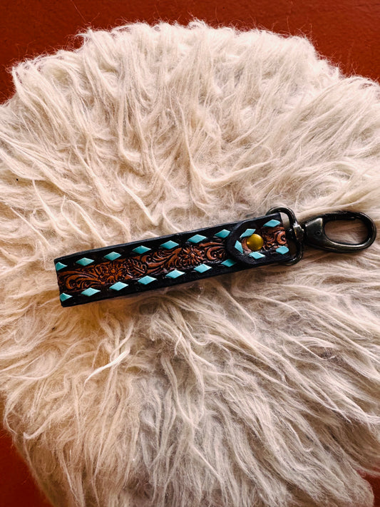 Horse western floral turquoise buck-stitch lanyard strap keychain