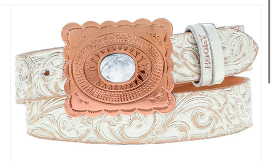 Hooey Stella Ivory & Tan Hand Tooled Filigree Faux White Stone Copper Square Buckle Leather Belt HWBLT034
