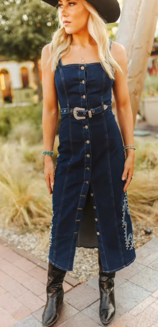 Denim Concho Button Down Buckle Dress w Boot Stitch embroidery