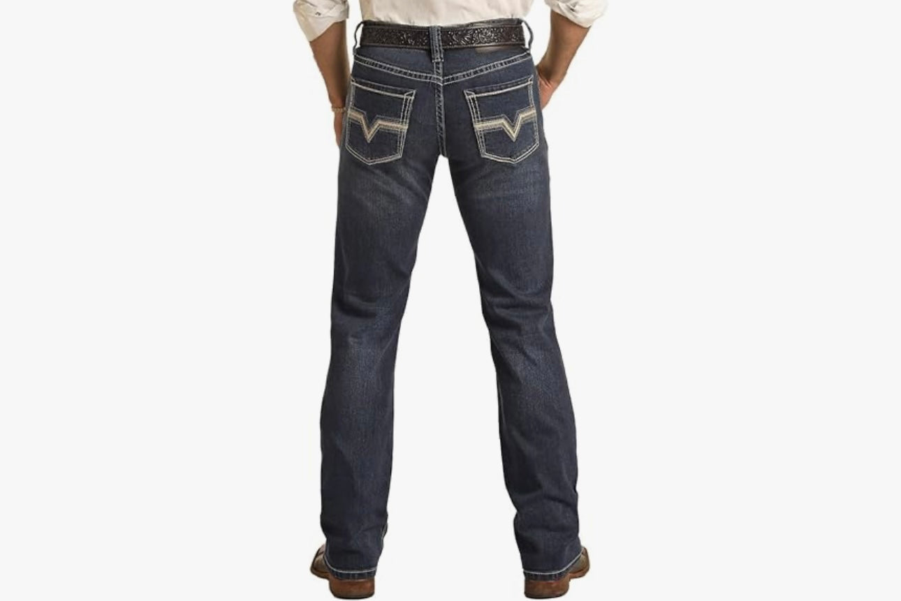 Rock&Roll Denim Leather Emb Revolver Straight Jeans - Dark Vintage