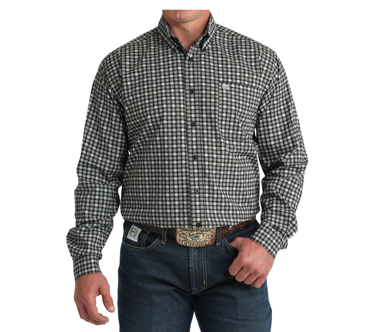 Cinch Men's Brown/Blue Print Classic Fit Button-Down Western Shirt