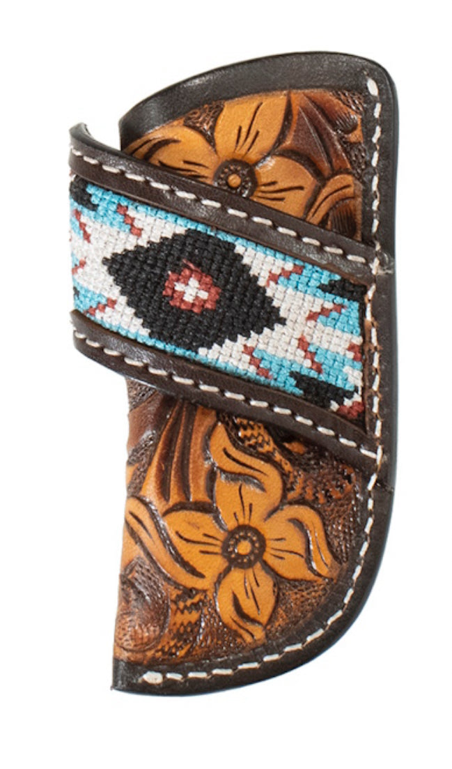 Floral Tooled Leather Knife Sheath Embroidered Inlay