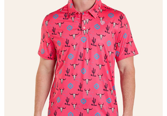 ROCK & ROLL DENIM BOYS HOT PINK CATTLE SKULL PRINT POLO SHIRT