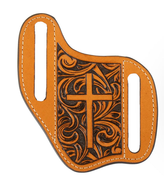 Men's 3D Tan Pancake Style Embossed Cross Style Knife Sheath