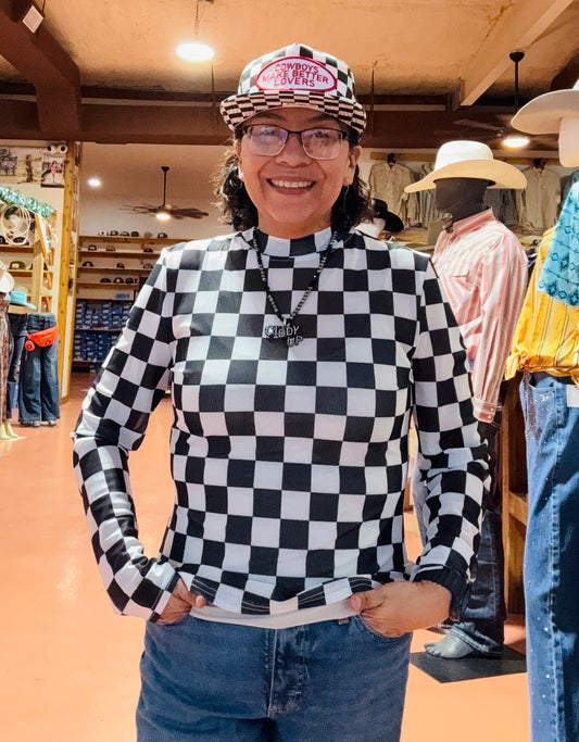 Checkered Long Sleeve Mesh Top