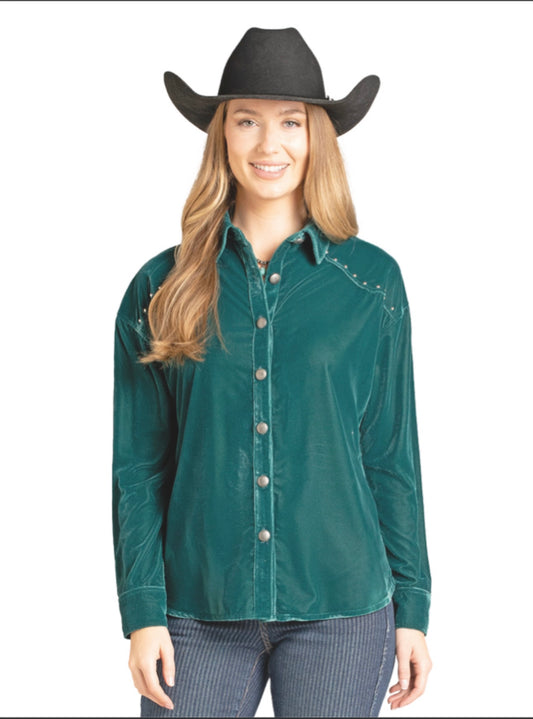 ROCK & ROLL DENIM WOMEN'S OVERSIZED STUDDED TEAL VELVET CONCHO BUTTON SHIRT