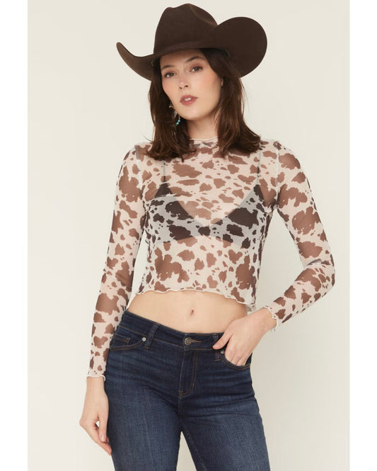 ROCK & ROLL DENIM WOMEN'S COW PRINT LONG SLEEVE MESH TOP