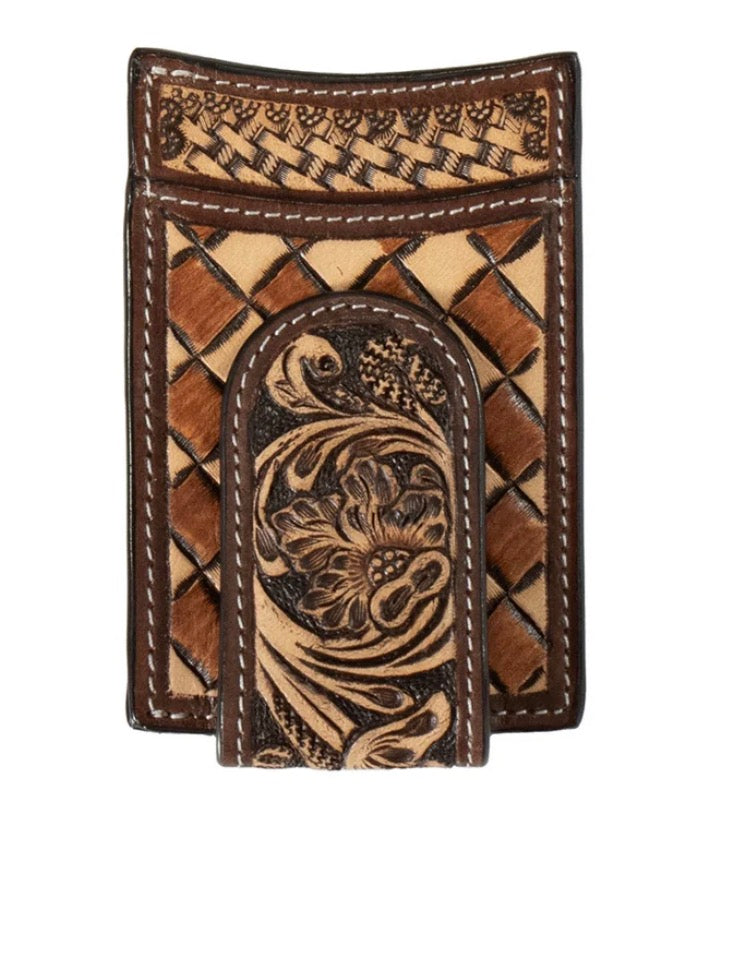 M&F - CARD MONEY CLIP HAND TOOLED FLORAL BASKET WEAVE - D250014208