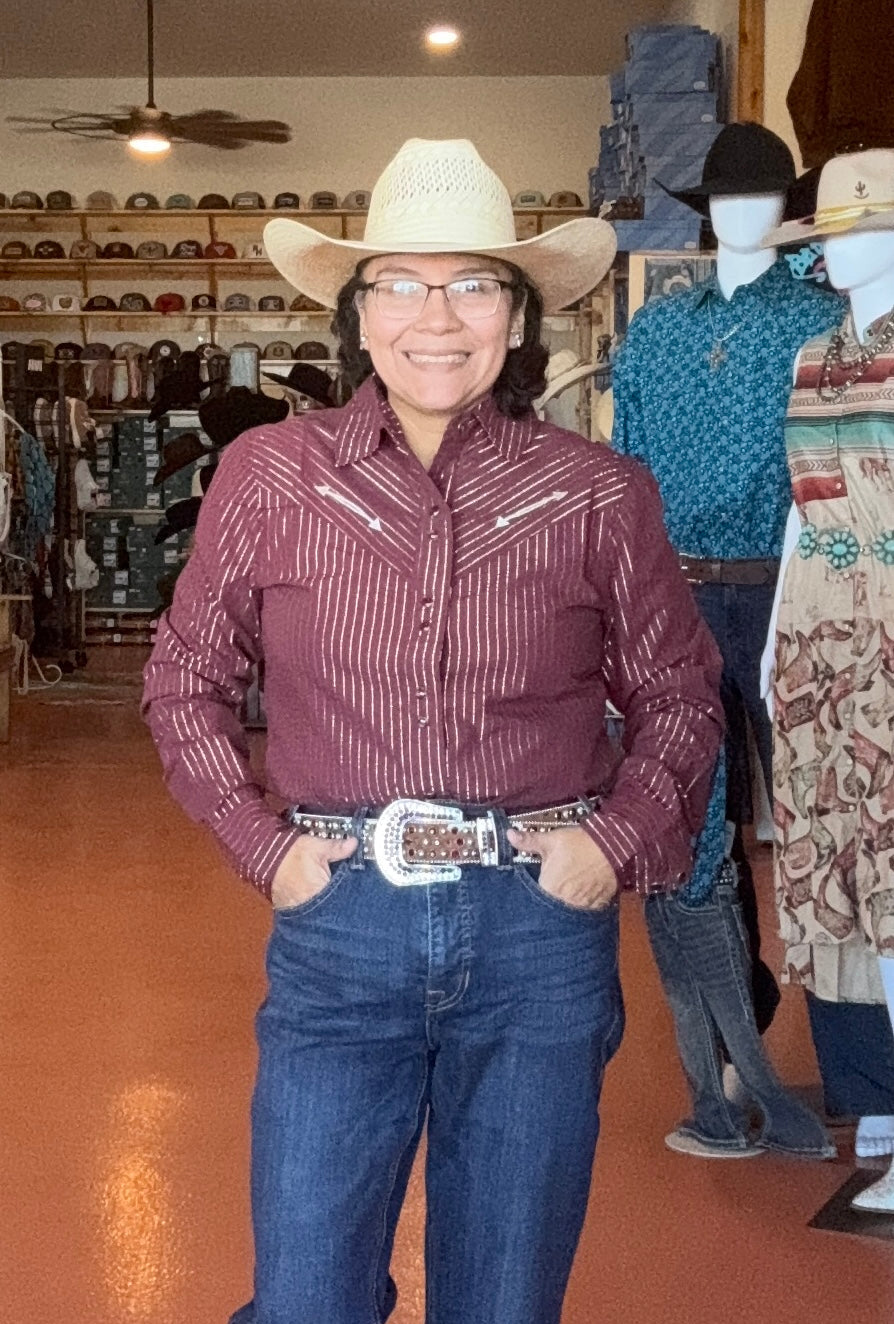 Cruel Denim women’s l/s Stripe western “Classic Fit” with faux smile pocket Burgundy