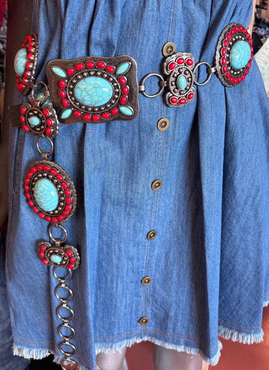 Red and Turquoise Stone Metal Chain Link belt
