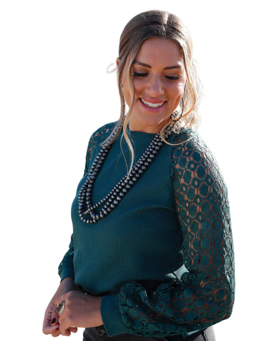 Cruel Girl Women's Knit Top with Crocheted Sleeves - Forest