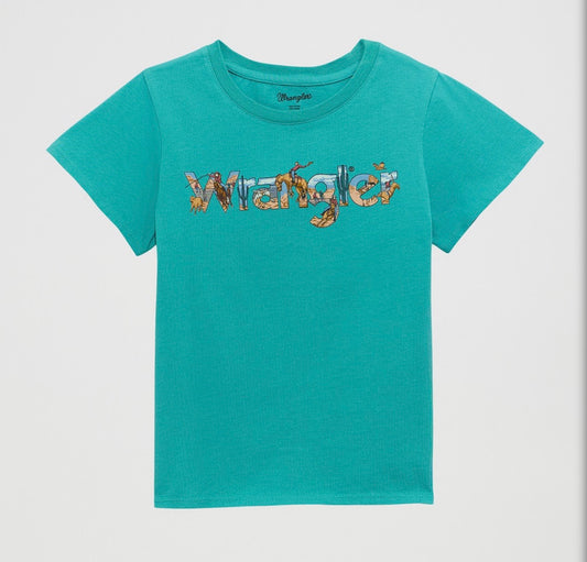 WRANGLER GRAPHIC LOGO TEAL PRINT - KIDS GIRLS SHIRT