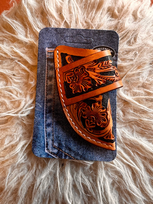 Western flowered tooled leather knife