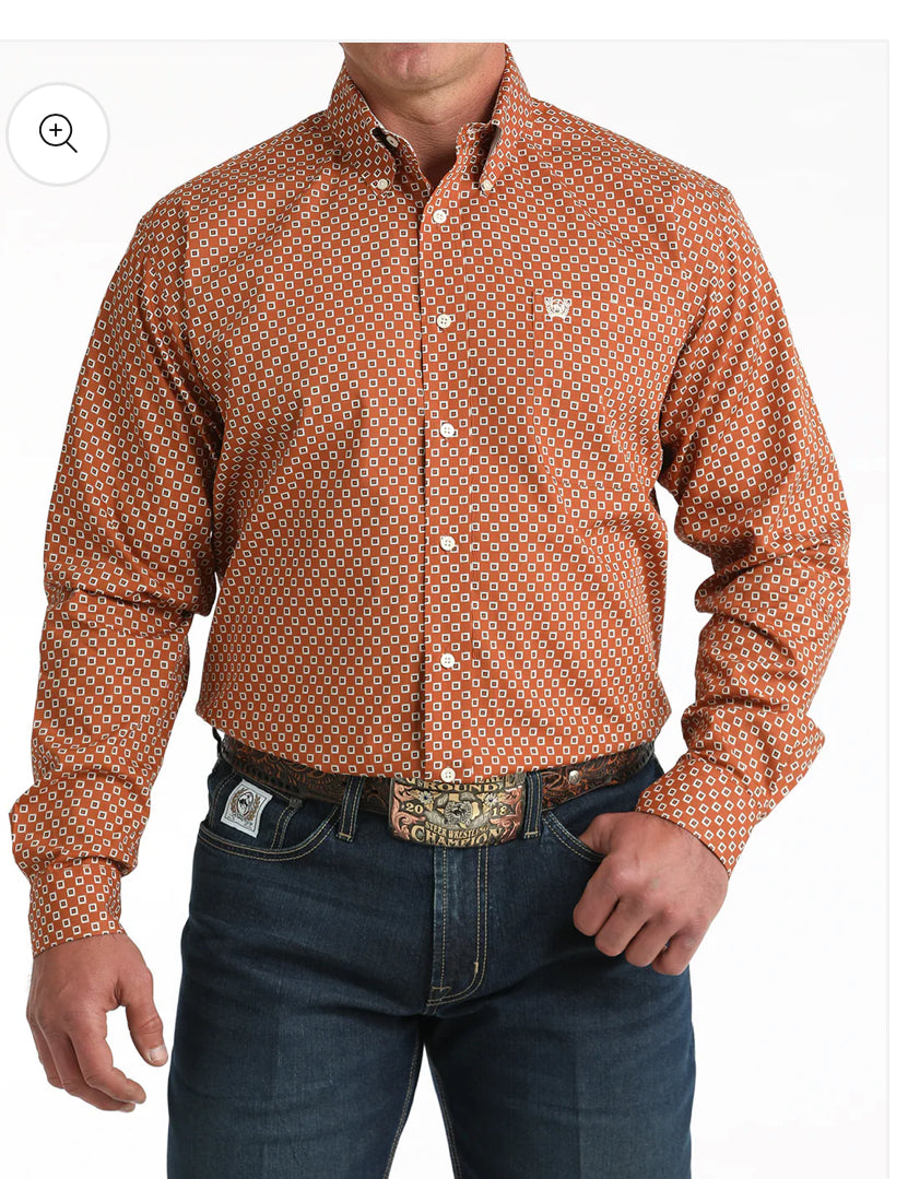 Mens Long Sleeve Button Down Shirt in Burnt Orange Print with Plaid by Cinch👕
