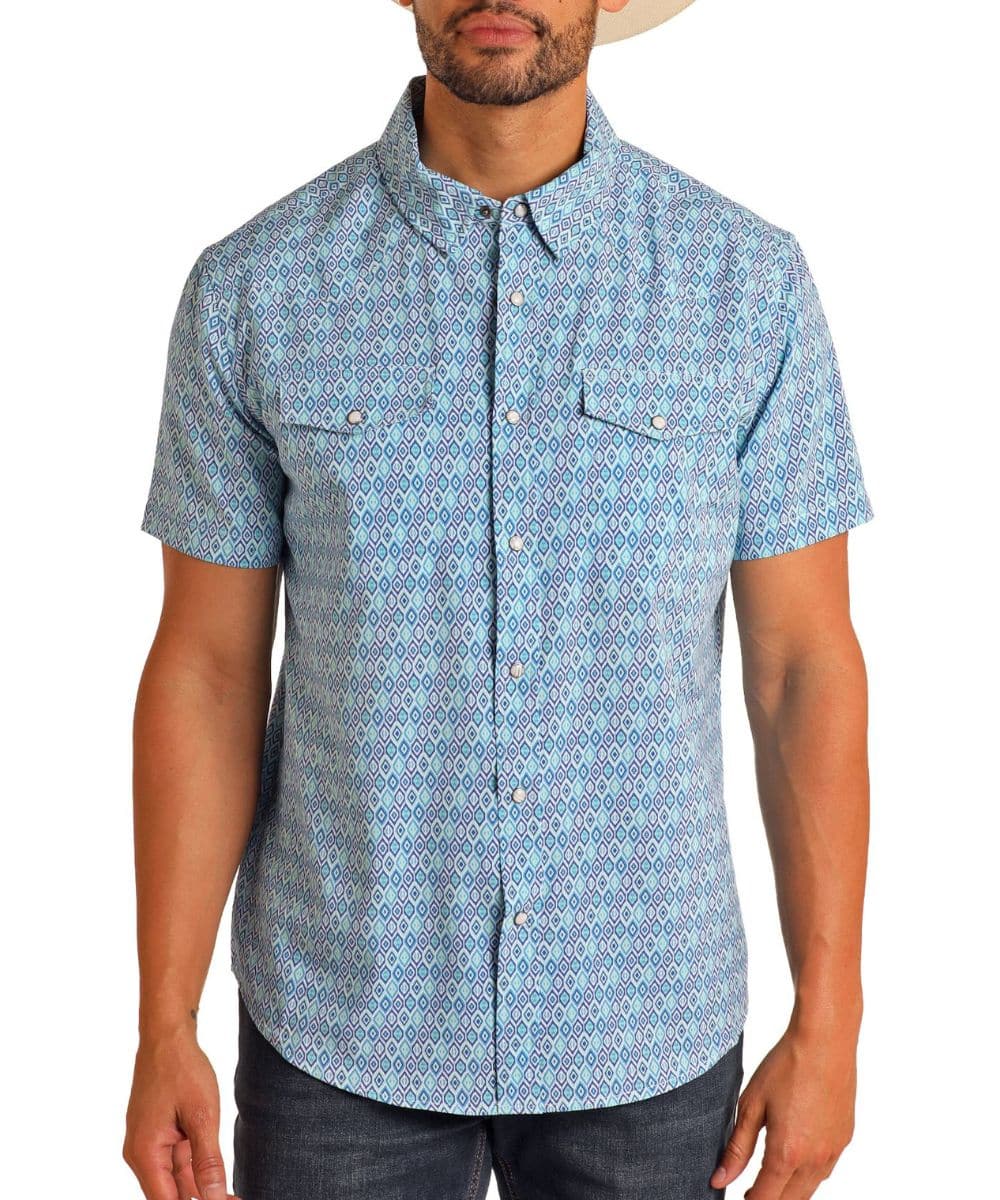 Panhandle Men's Geo Aqua SS Pearl-snap