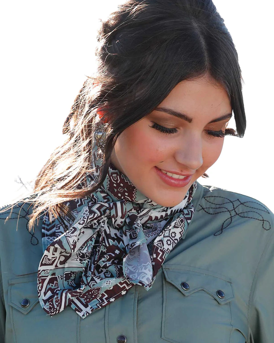 SILK GREEN BROWN AZTEC PRINT WILD RAG