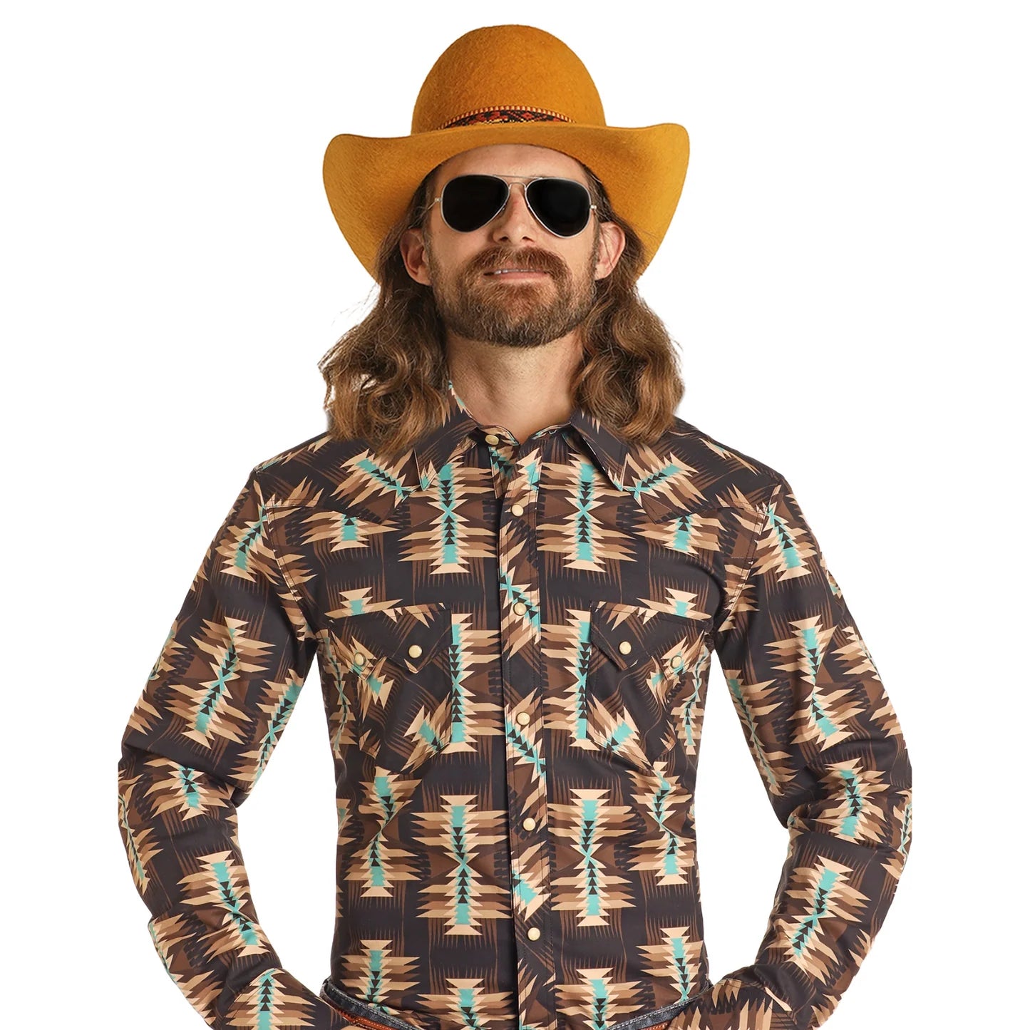 DALE BRISBY SLIM FIT BROWN AZTEC LONG SLEEVE SNAP SHIRT