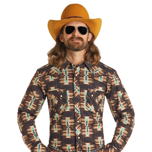 DALE BRISBY SLIM FIT BROWN AZTEC LONG SLEEVE SNAP SHIRT