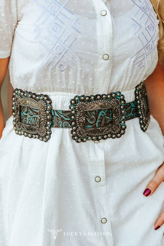 Turquoise Tooled Leather Square Concho Belt