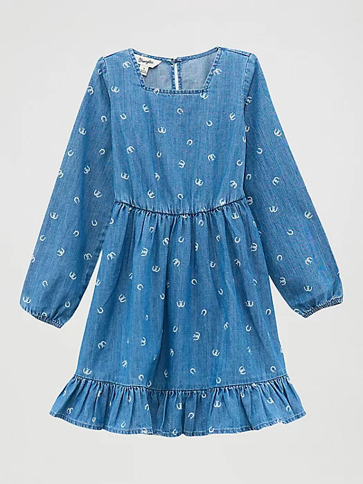 GIRL'S LONG SLEEVE RUFFLE HEM DENIM DRESS