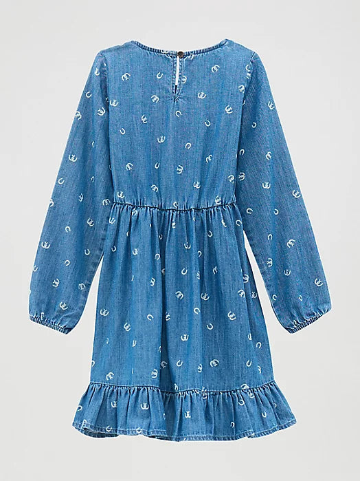 GIRL'S LONG SLEEVE RUFFLE HEM DENIM DRESS