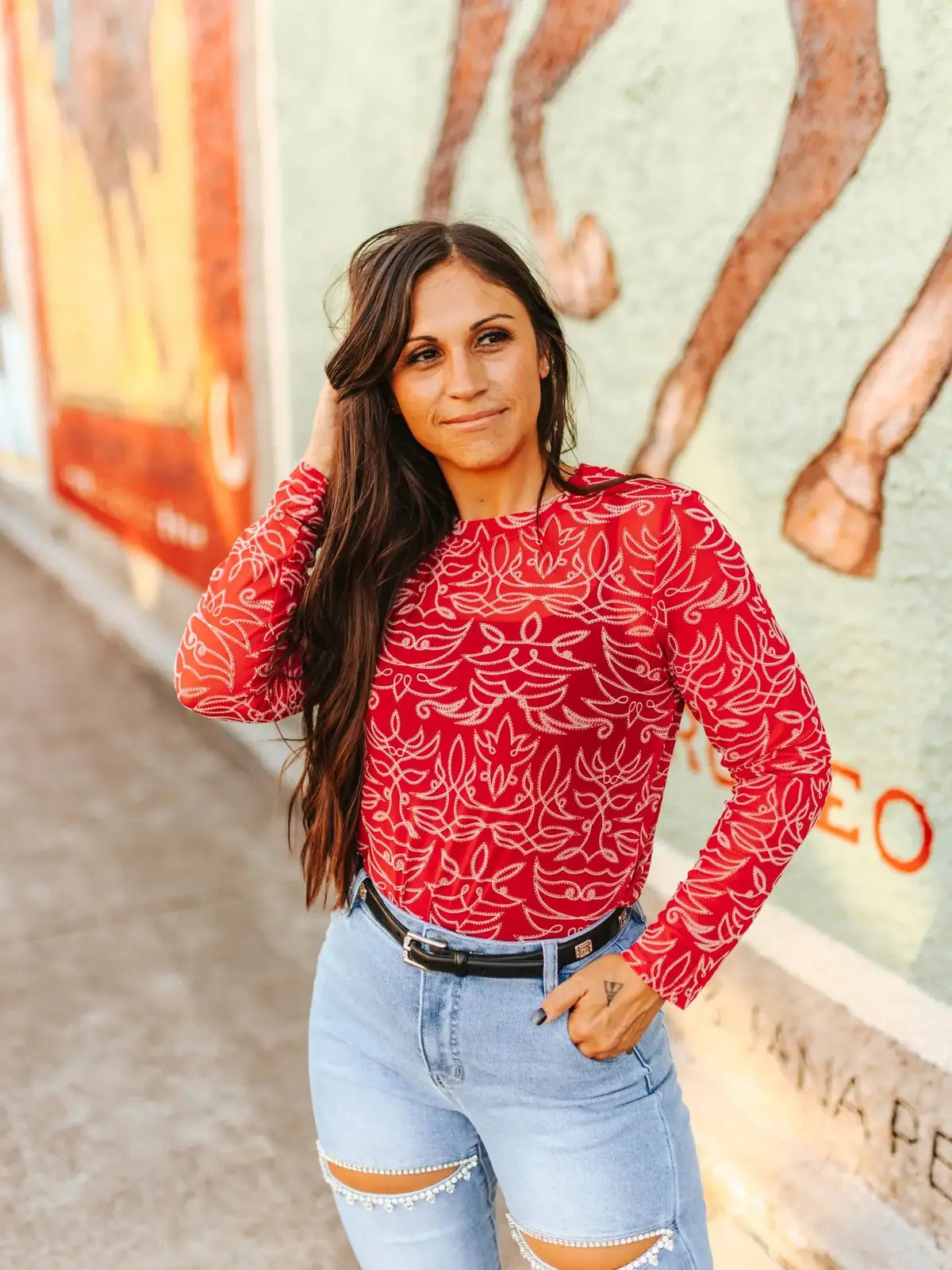 Red/Ivory Bootstitch Burnout Mesh Top
