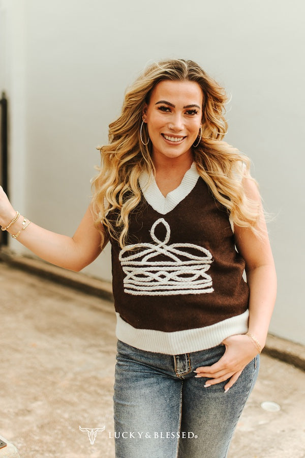 L&B Brown/Ivory Boot Stitch Knit Sleeveless Sweater