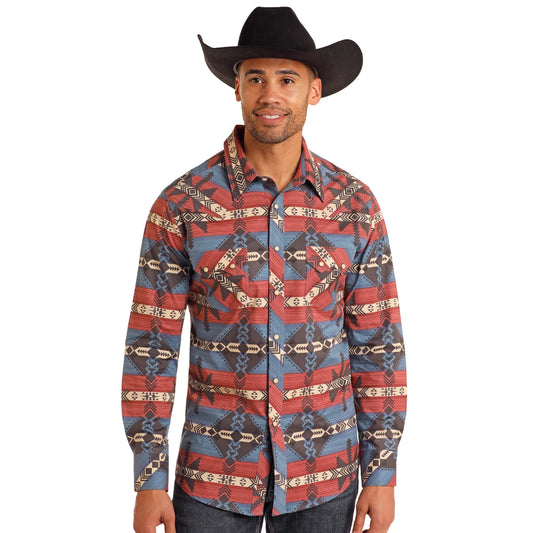 Panhandle Men's Southwestern Printed Blue Button Down Shirt