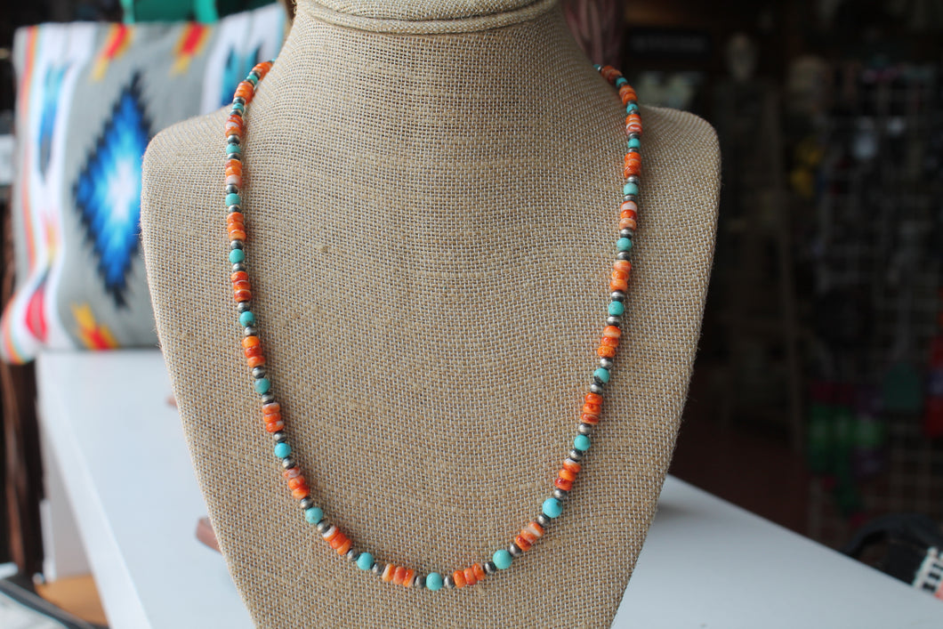 Spiny Orange Turquoise & Navajo Pearls 2mm Necklace