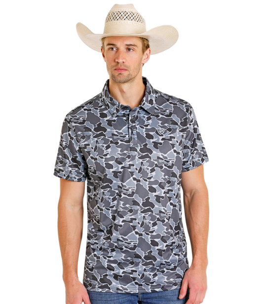 BM51T08355 CHARCOAL CAMO PRINTED MESH POLO