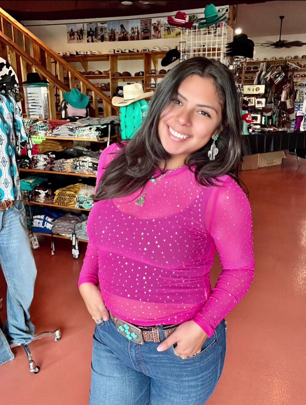 Hot Pink Rhinestone Mesh Top