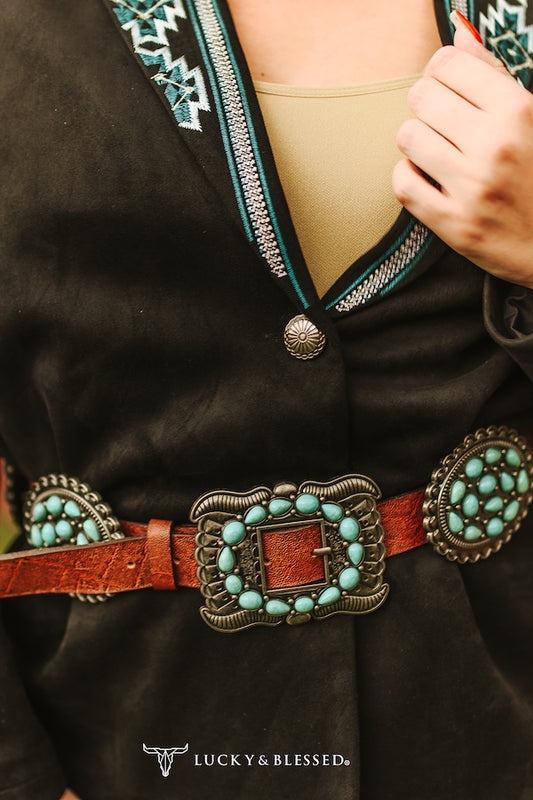 BROWN ELEPHANT LEATHER OVAL TURQUOISE CONCHO STONE BELT