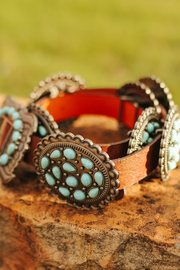 BROWN ELEPHANT LEATHER OVAL TURQUOISE CONCHO STONE BELT