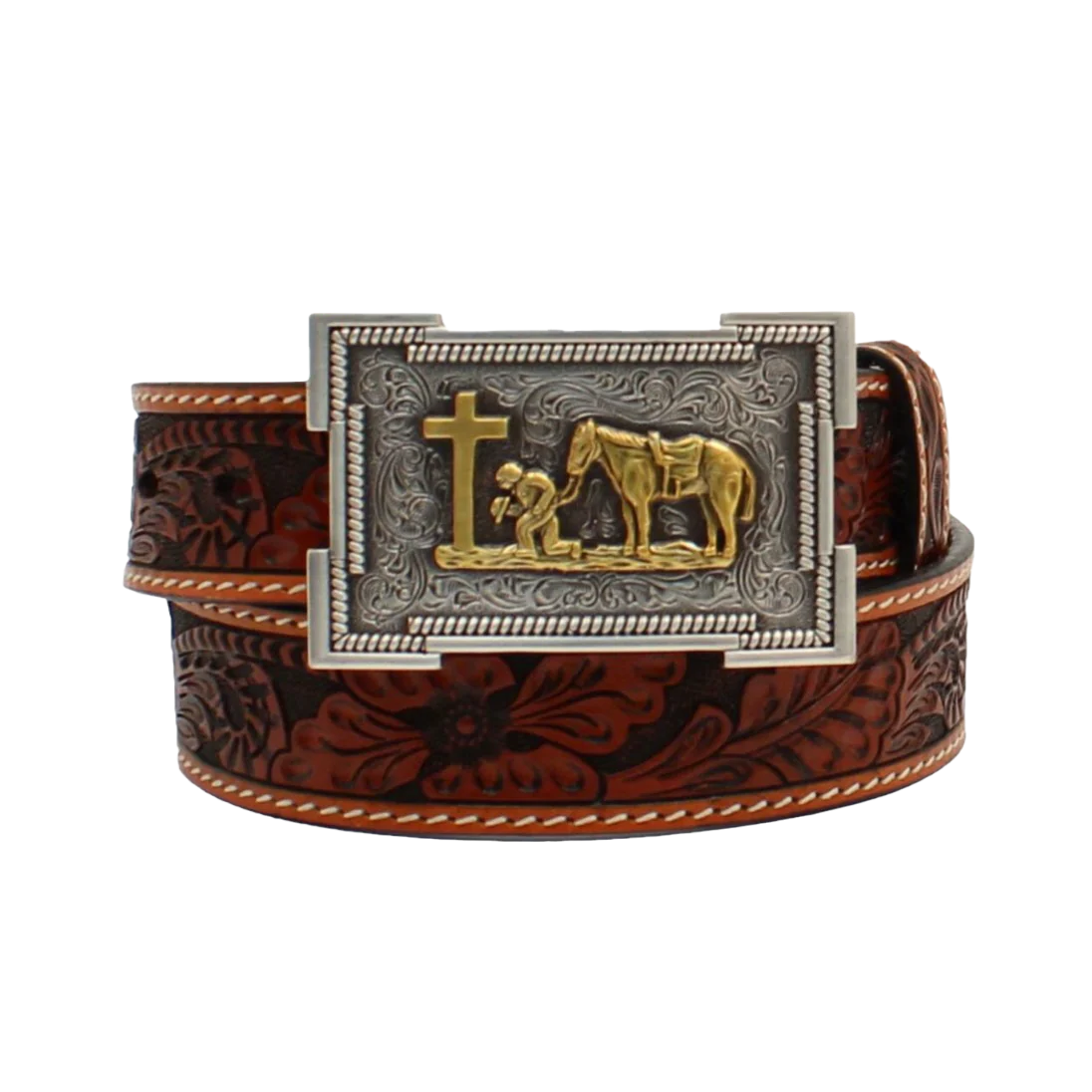 3D Belt® Children's Tooled Cowboy Prayer Brown Leather Belt