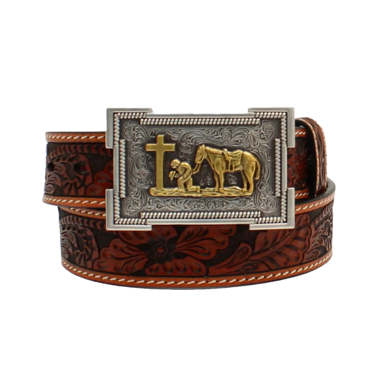 3D Belt® Children's Tooled Cowboy Prayer Brown Leather Belt
