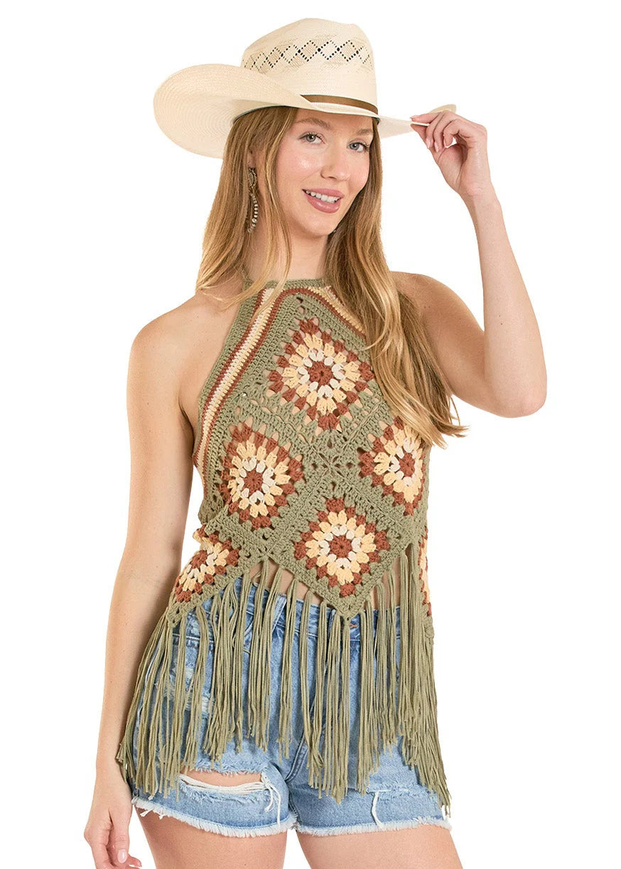 FESTIVAL CROCHET FRINGE HALTER TOP