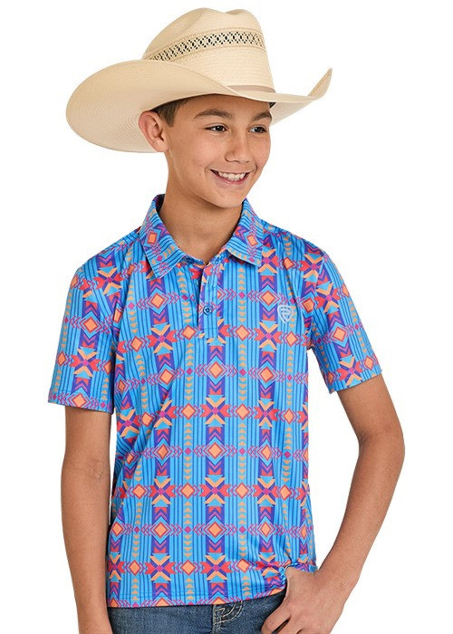 ROCK & ROLL SAPPHIRE AZTEC PRINTED POLO - KIDS BOYS POLO - BB51T08340 🤠