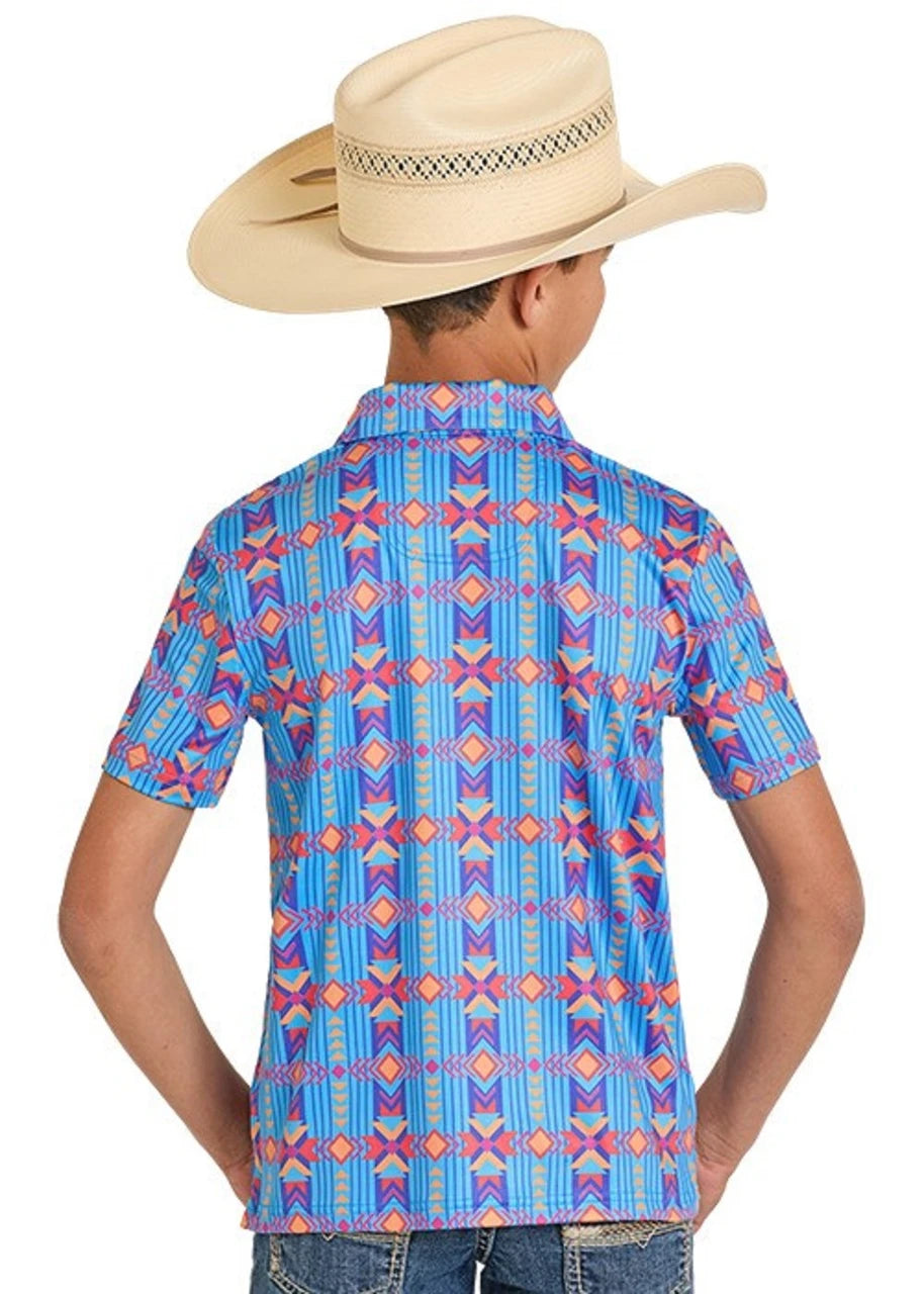ROCK & ROLL SAPPHIRE AZTEC PRINTED POLO - KIDS BOYS POLO - BB51T08340 🤠