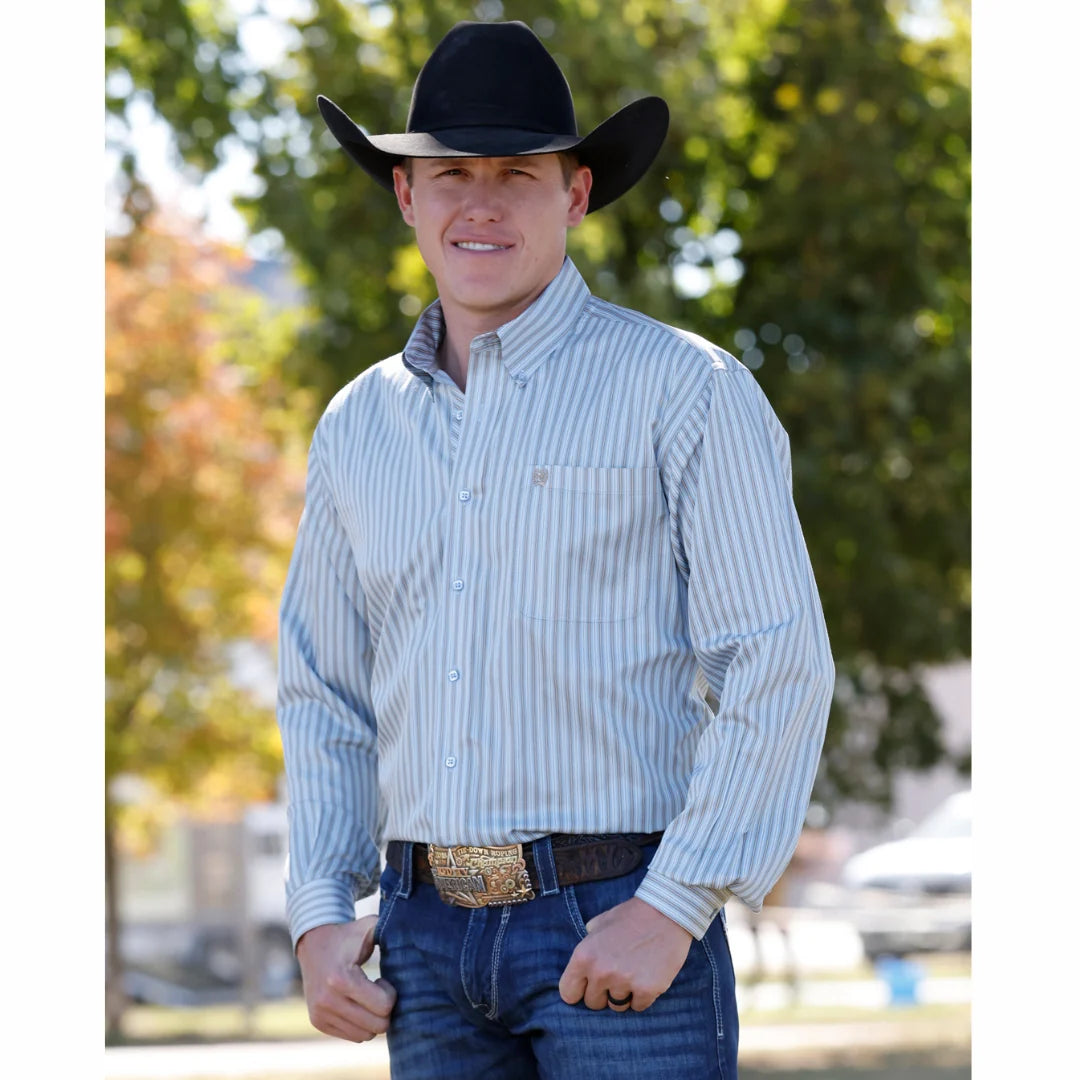 Cinch Mens Light Blue Striped Button Down MTW1106153🤠